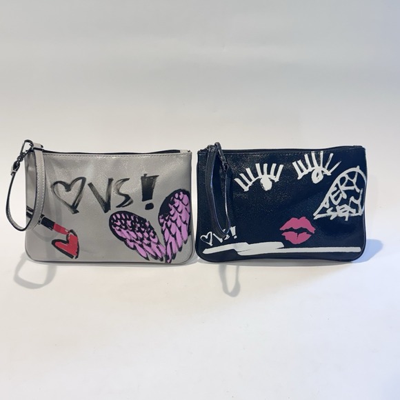 Victoria's Secret Handbags - Victoria's Secret Zipper Wristlet Make up Cosmetic Bag (2) Gray & Black Graphics